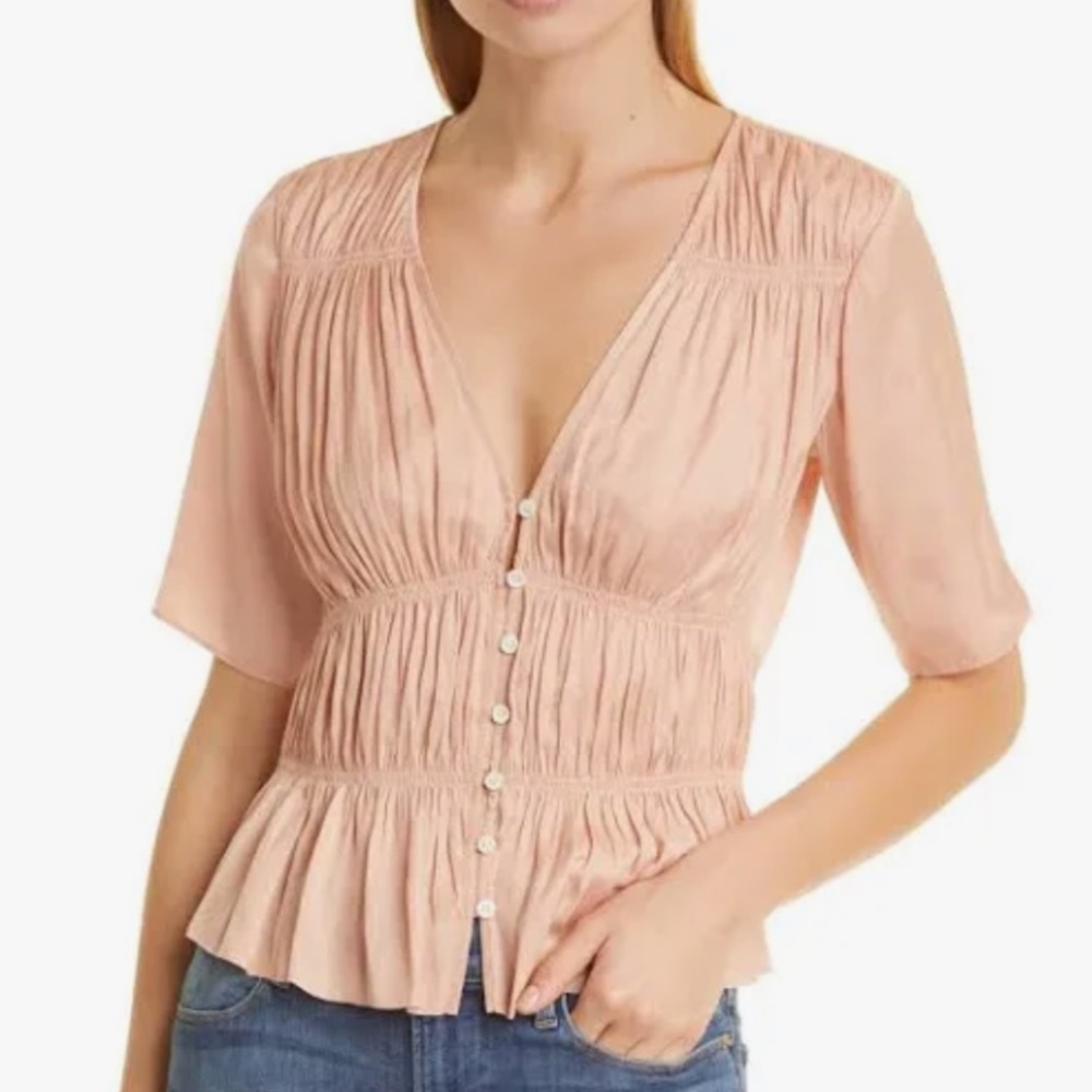 Frame Women's Shirred
V-Neck Blouse In Pink Clay